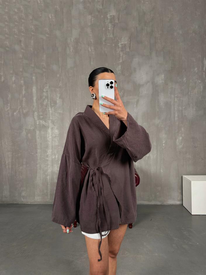 Acı Kahve Önden Bağlamalı Tensel Kimono Gaus00240