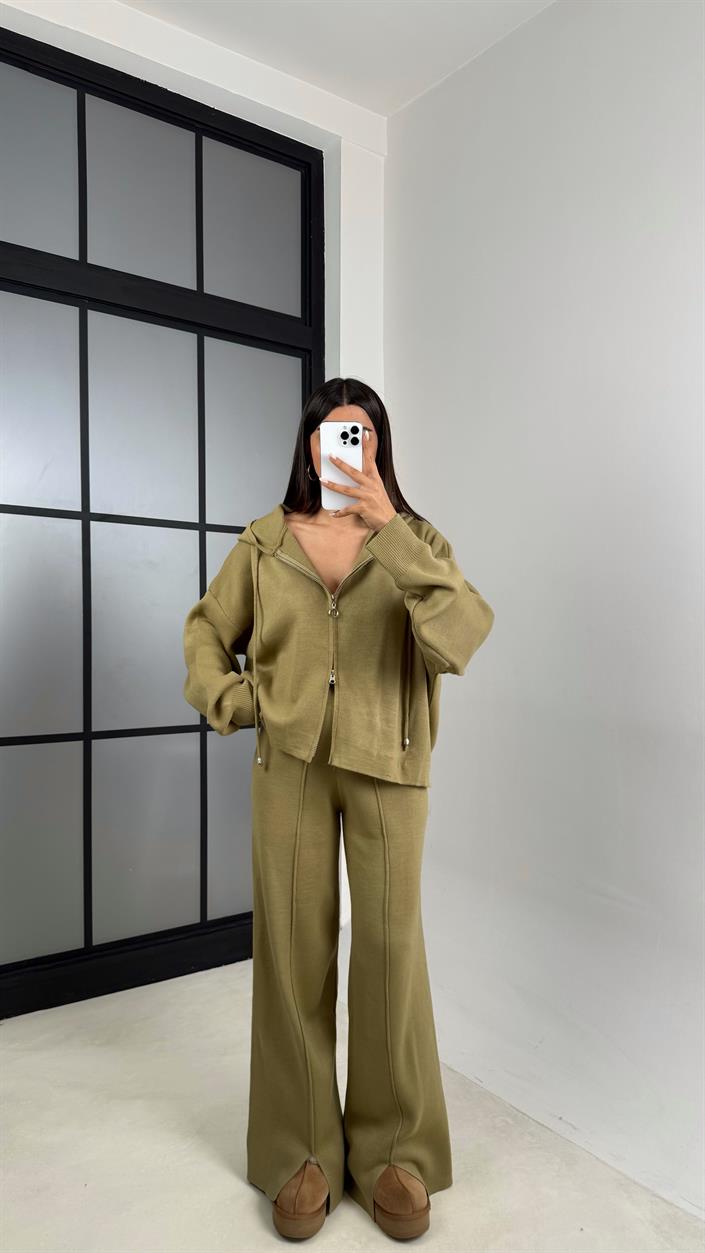 Haki Kapüşonlu Hırka Beli Lastikli Pantolon İkili Triko Takım GAUS-00564