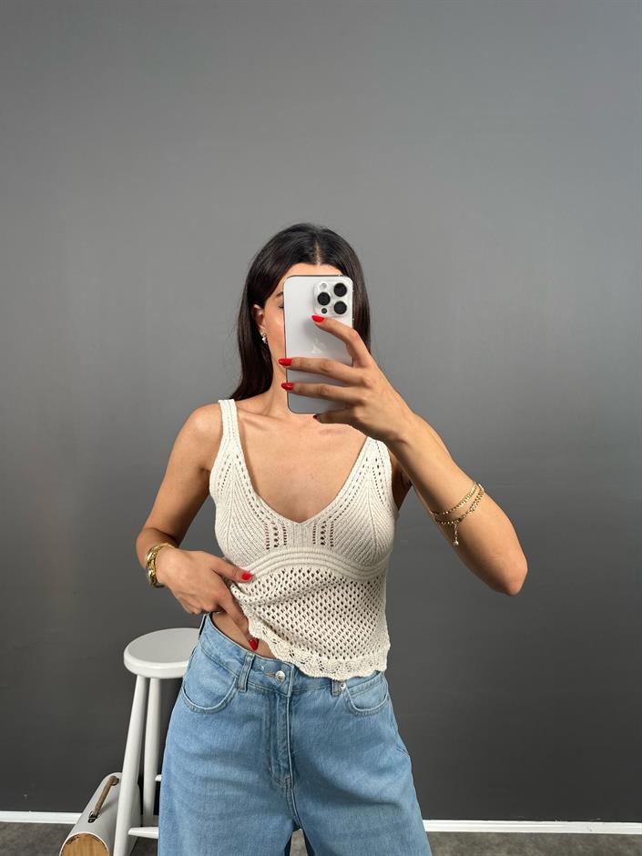 ZR Model Ekru Askılı Triko Örme Crop