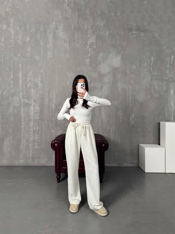 Mexa Ekru Beli Lastikli Kadife Eşofman Altı