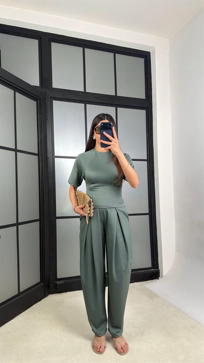 Yeşil Üst Beli Lastikli Pantolon Diagonel Kumaş Takım GAUS-01306