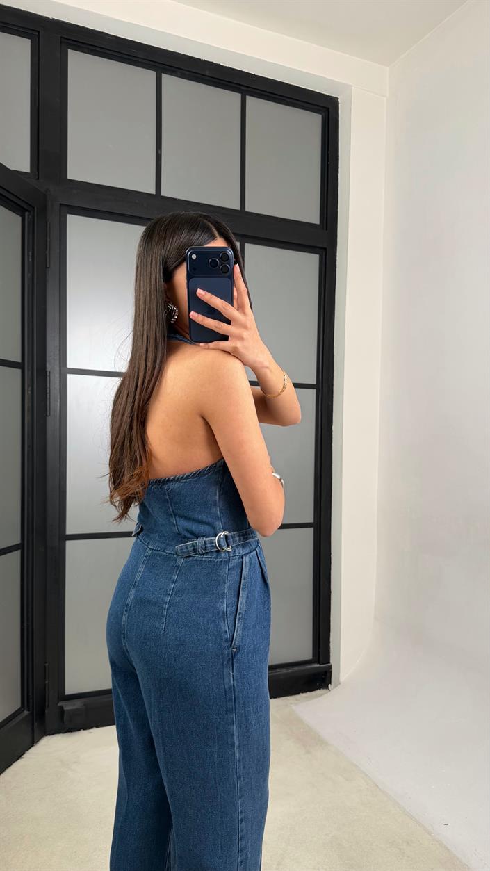 Mavi Boyundan Bağlamalı Tasarım Tencel Denim Tulum GAUS-01357