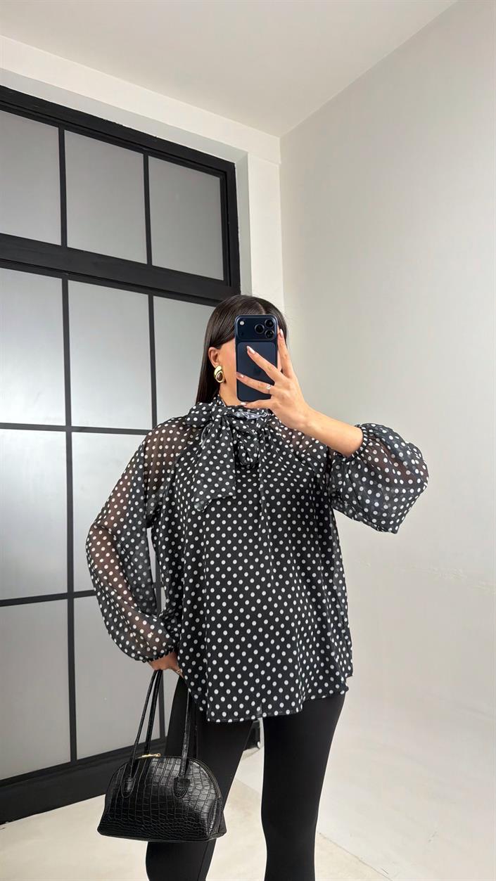 Siyah Puantiyeli Şall Detaylı Şifon Gömlek GAUS-01108