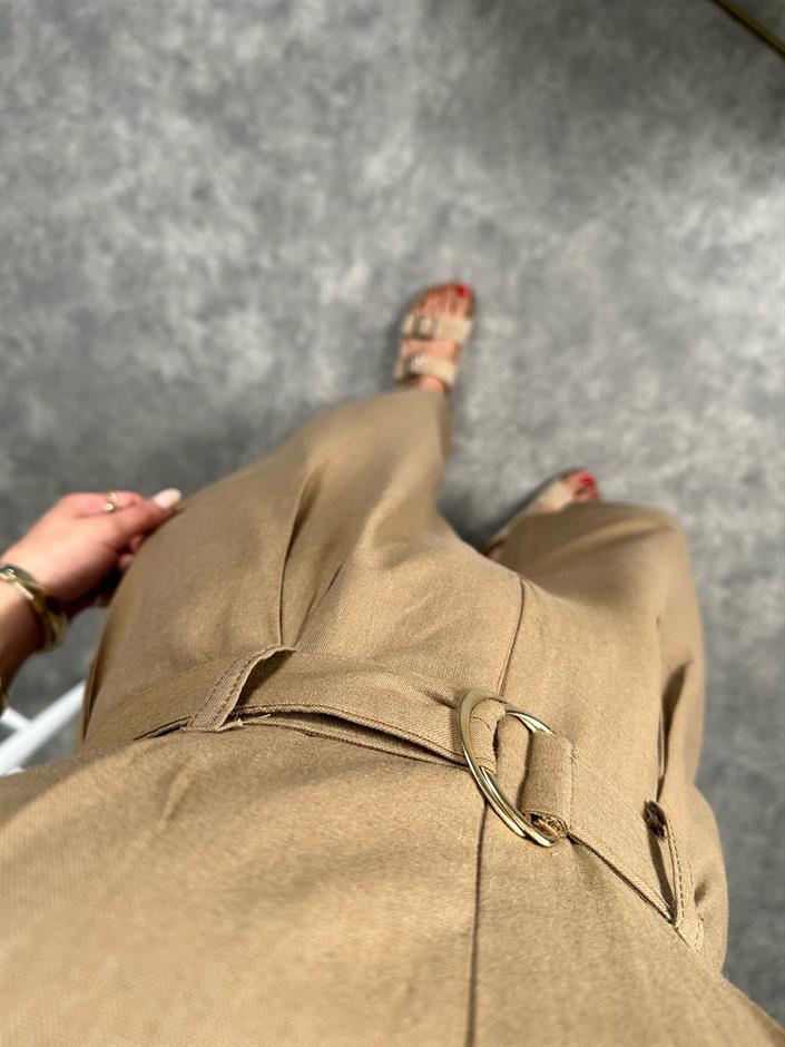 Tatissi Koyu Yağ Yeşili  Kemer Bağlamalı V Yaka Keten Tulum