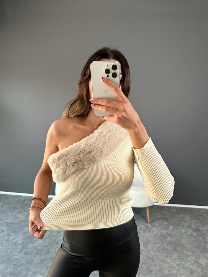 Krem Kürklü Tek Kol Triko Bluz