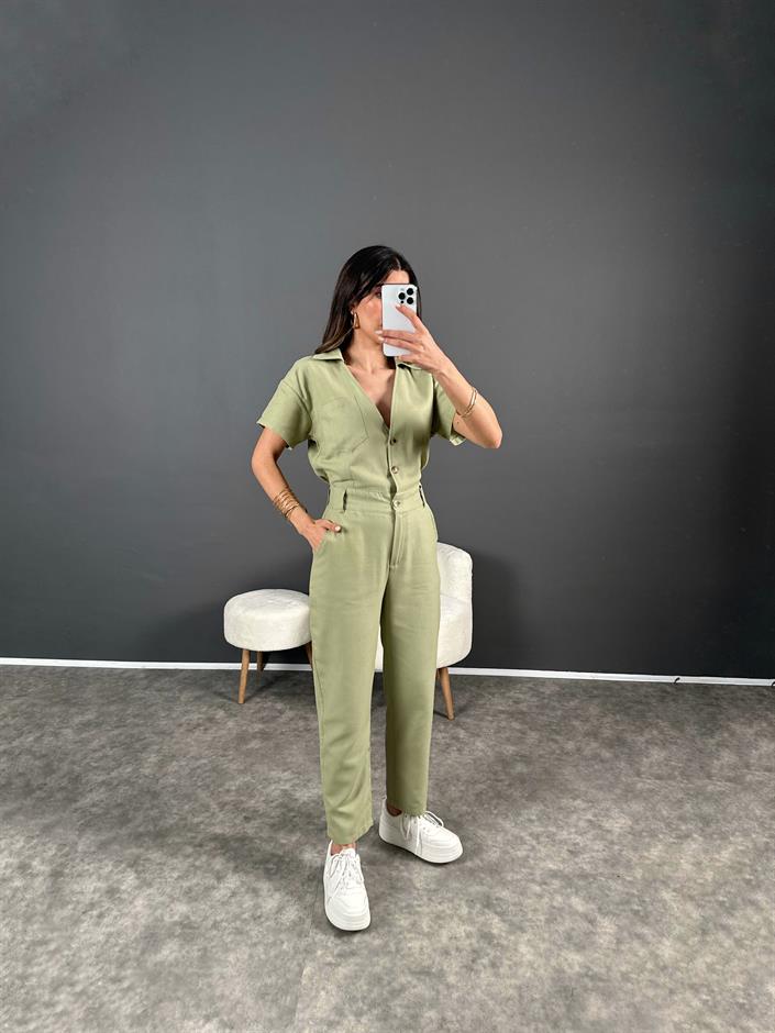 Holi Yeşil Arkası Lastikli Premium Keten Tulum