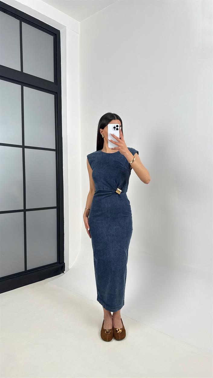 Mavi Yıkamalı Gold Detaylı Yırtmaçlı Likralı Denim Elbise DNM01 Gaus00375