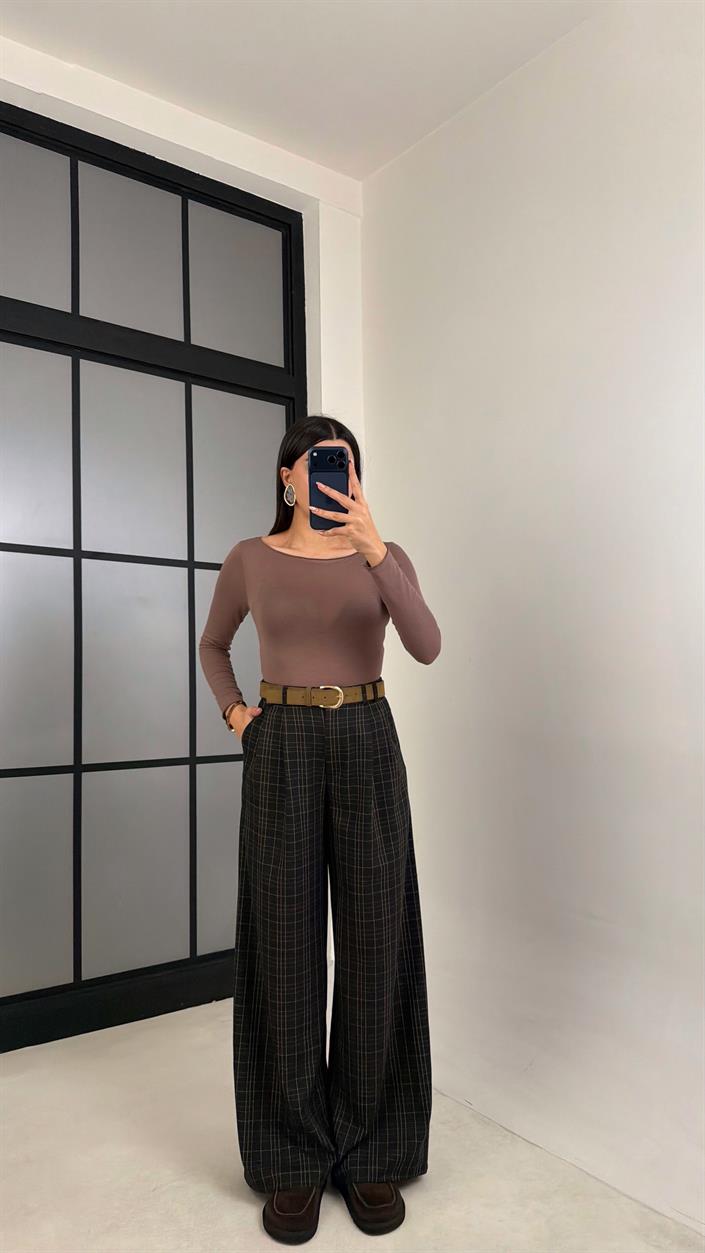 Füme Pile Detaylı Desenli Kumaş Pantolon GAUS-00911