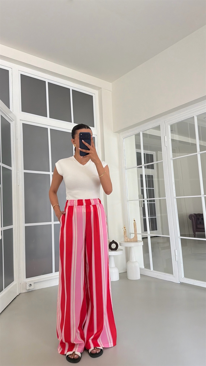 Kırmızı Beli Lastikli Şeritli Pantolon GAUS-01824