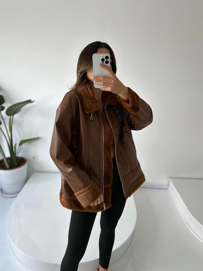 Borka Kahverengi Deri Biker Kürklü  Mont