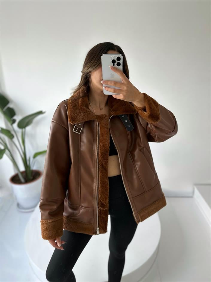 Borka Kahverengi Deri Biker Kürklü  Mont