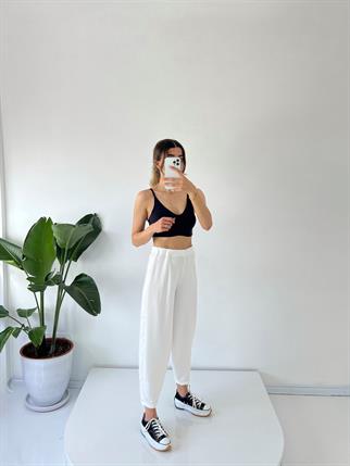 Brisa Beyaz Beli Lastikli Şalvar Pantolon