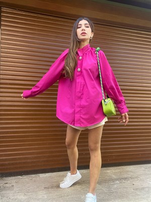 Broşlu Hakim Yaka Oversize Pembe Gömlek