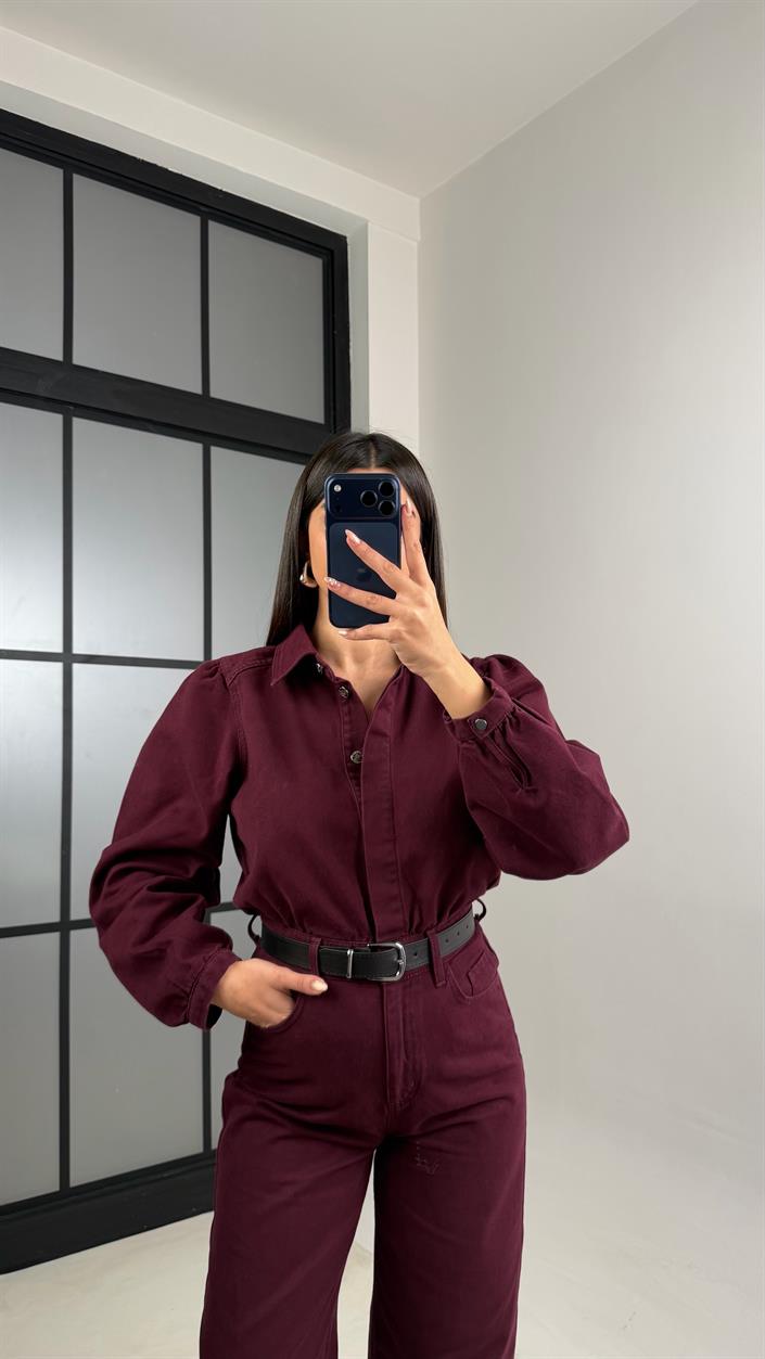 Bordo Kemerli Premium Denim Tulum GAUS-00673