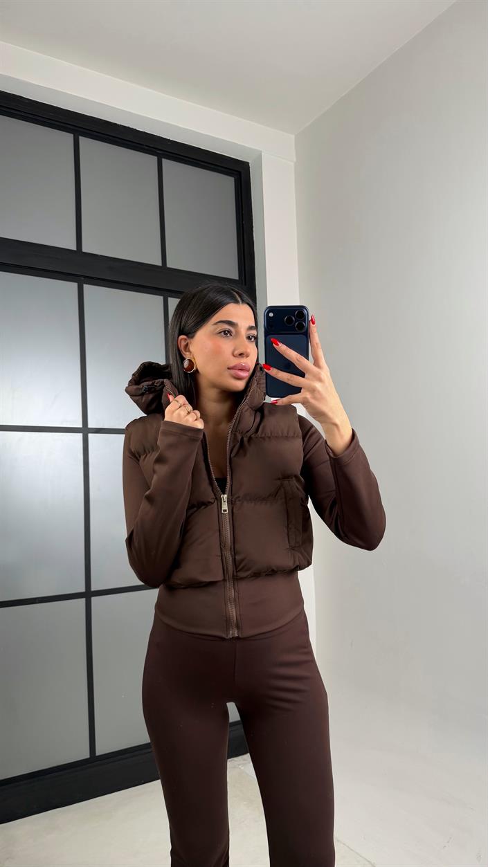 Acı Kahve Kapüşonlu Muadil  Şişme Mont GAUS-01050