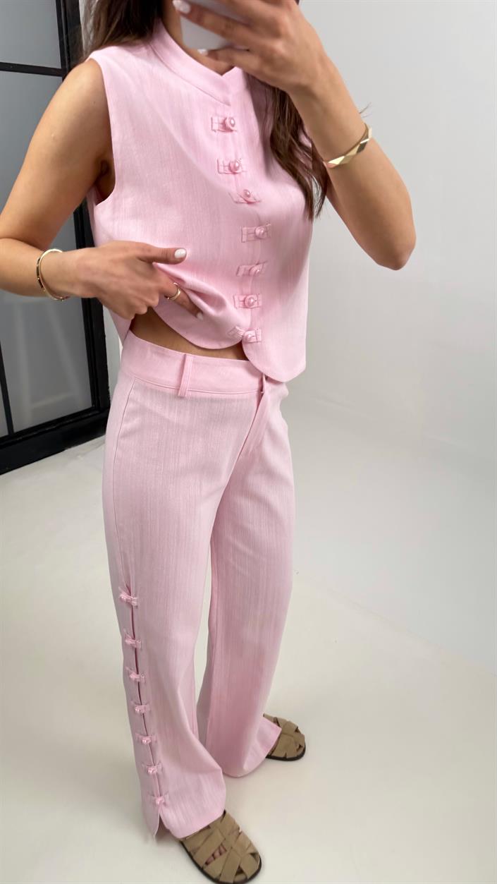 Pembe Düğmeli Tasarım Yelek Pantolon Keten Takım Gaus00339