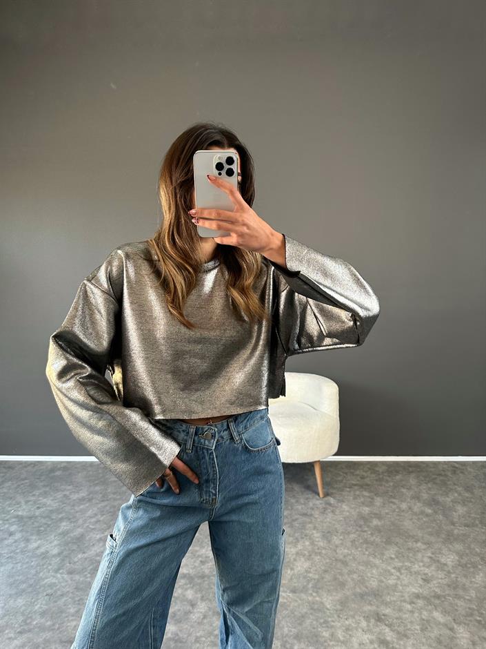 Gri Parlak Crop Şardonlu Sweat