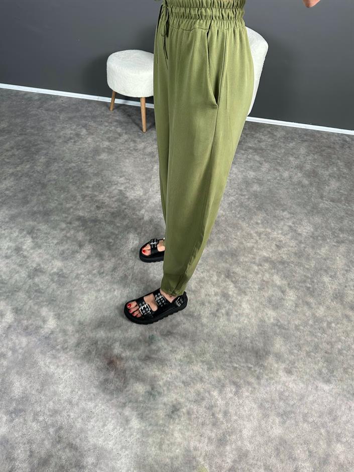 Yeşil Paçası Fermuarlı Şalvar Pantolon