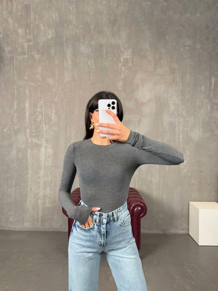 Medi Antrasit Hafif Transparan Bisiklet Yaka Bluz