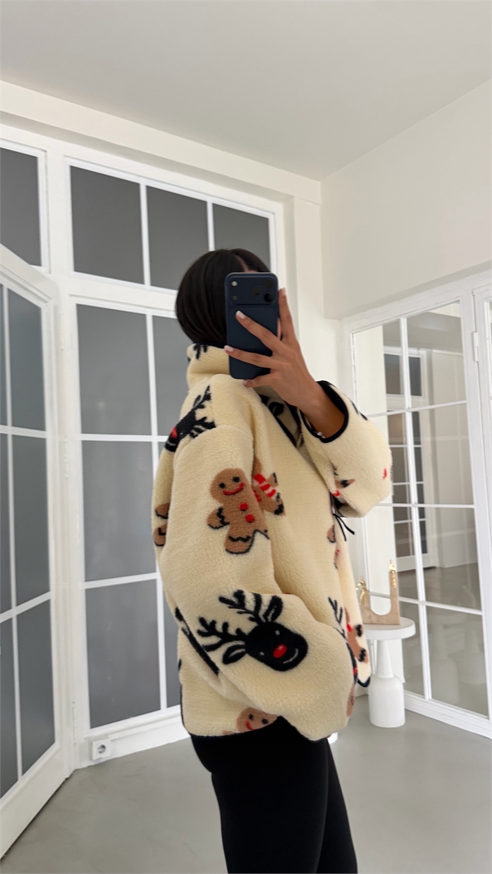 Krem Kurabiye Desenli Fermuarlı Polar Sweatshirt GAUS-01916 GAUS-02113