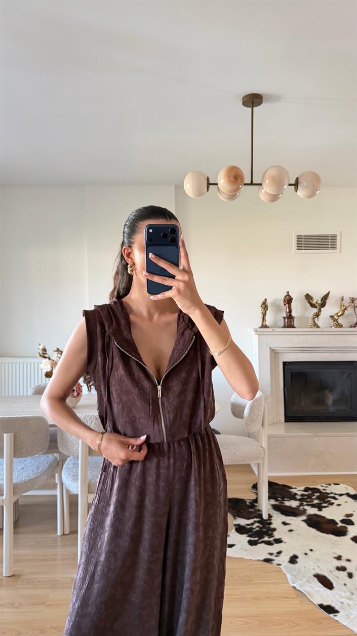 Kahve Kapüşonlu Yelek Beli Lastikli Şalvar Pantolon İkili Takım GAUS-01653