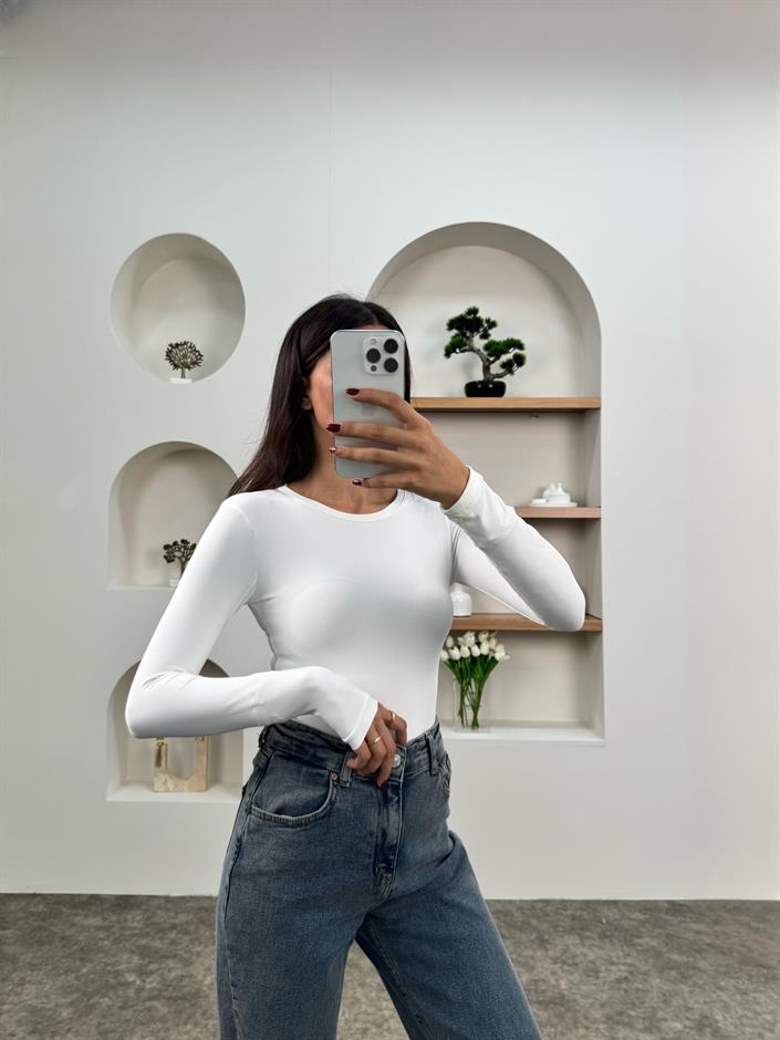 Beyaz Bisiklet Yaka Bodysuit