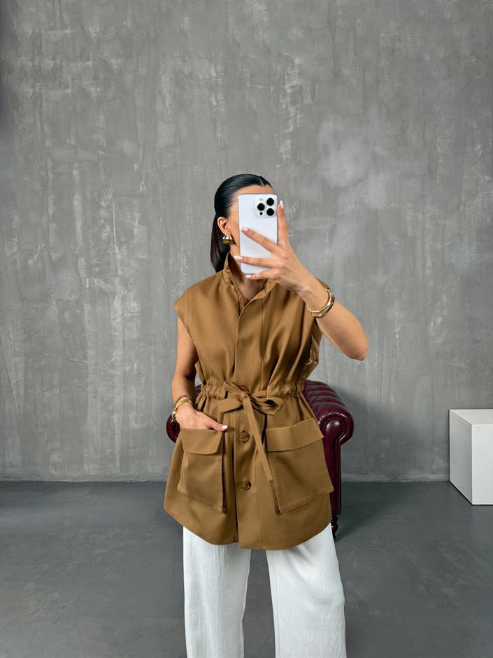 Ravi Kahve Astarlı Belden Bağlamalı Gabardin Yelek