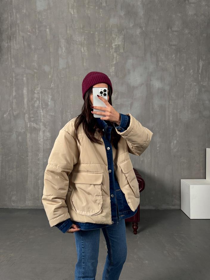 Jovi Taş Denim Detaylı Astarlı Tasarım Şişme Mont