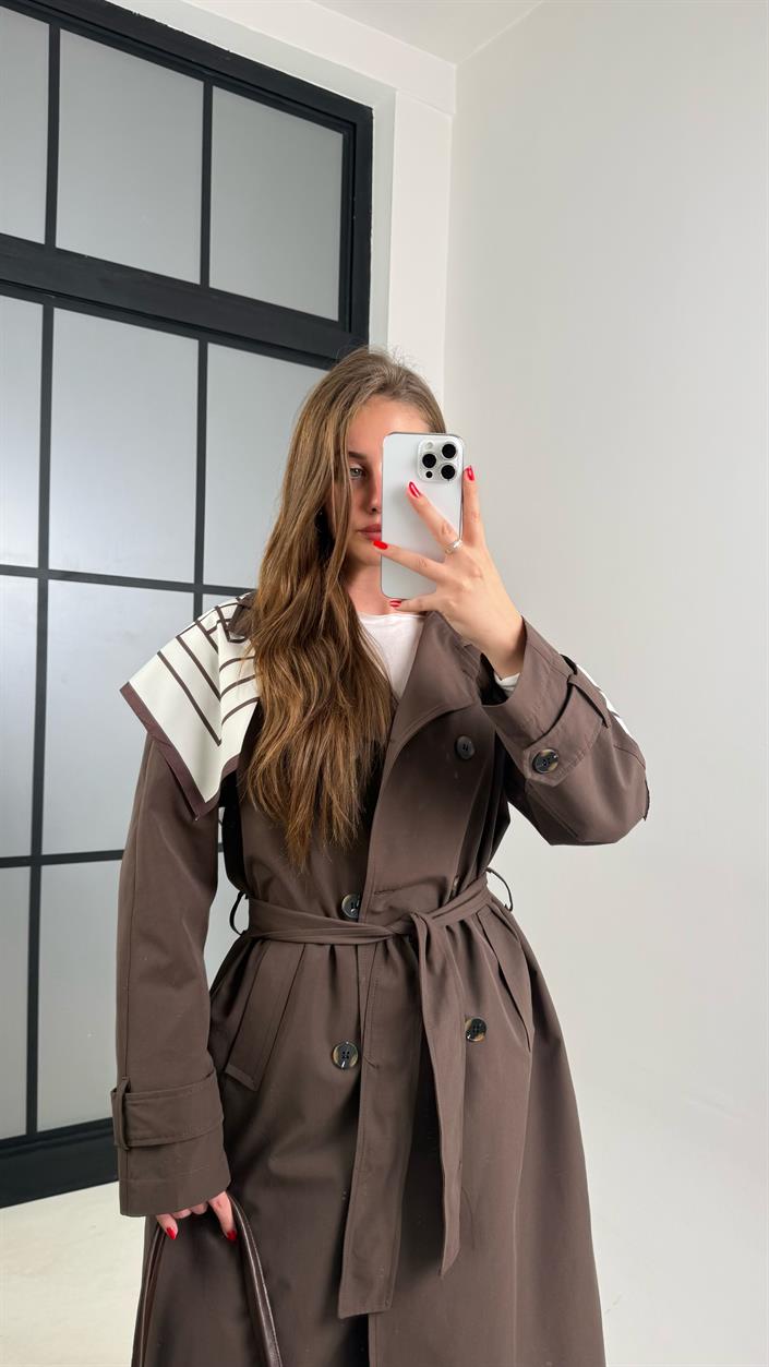 Acı Kahve Fular Detaylı Kuşaklı Tasarım Trençkot GAUS-00515