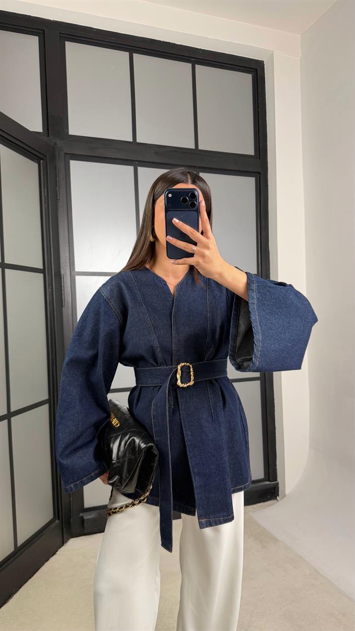 Lacivert Kemerli Denim Ceket GAUS-01198