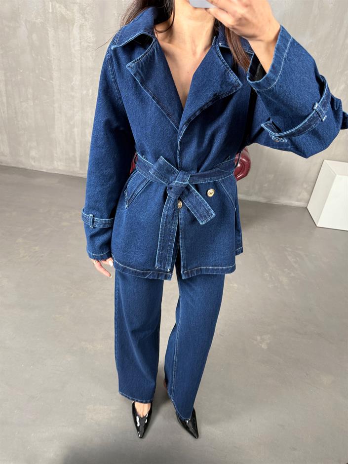 Benji Koyu Mavi Düğme Detaylı Kuşaklı Tasarım Denim Takım 