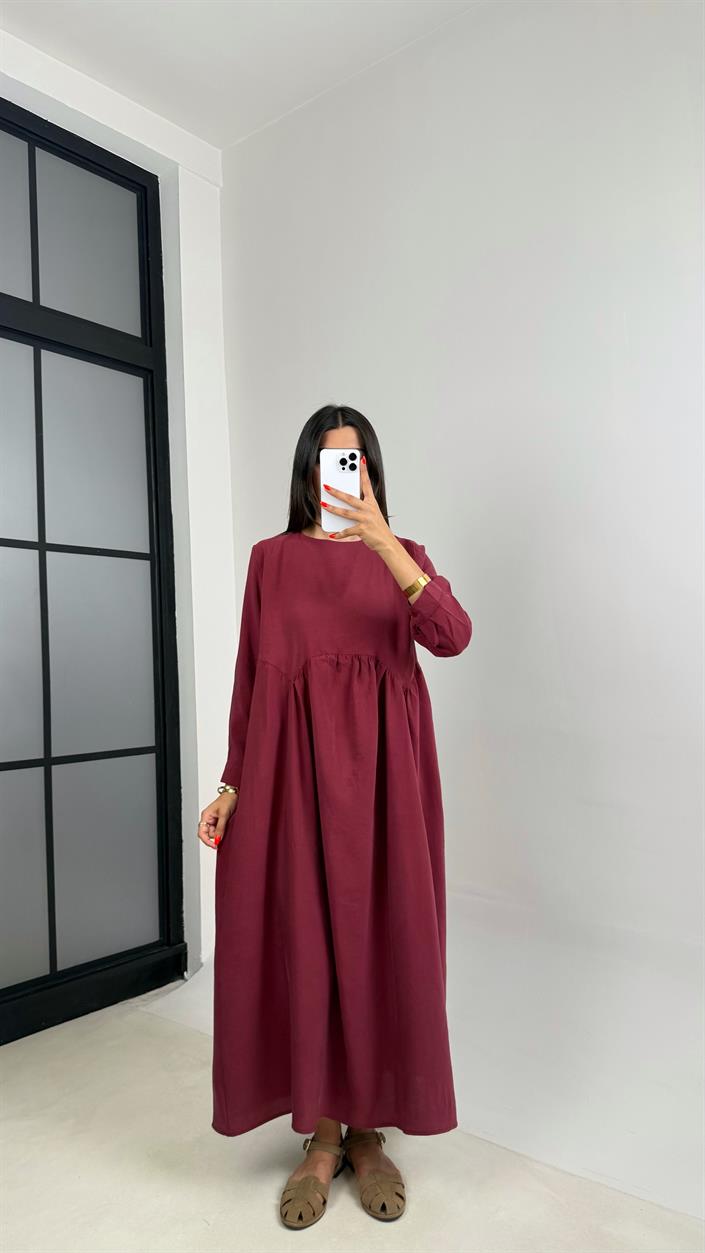Bordo Altı Balon Uzun Kol Cep Detaylı Tencel Pinterest Elbise GAUS-0025