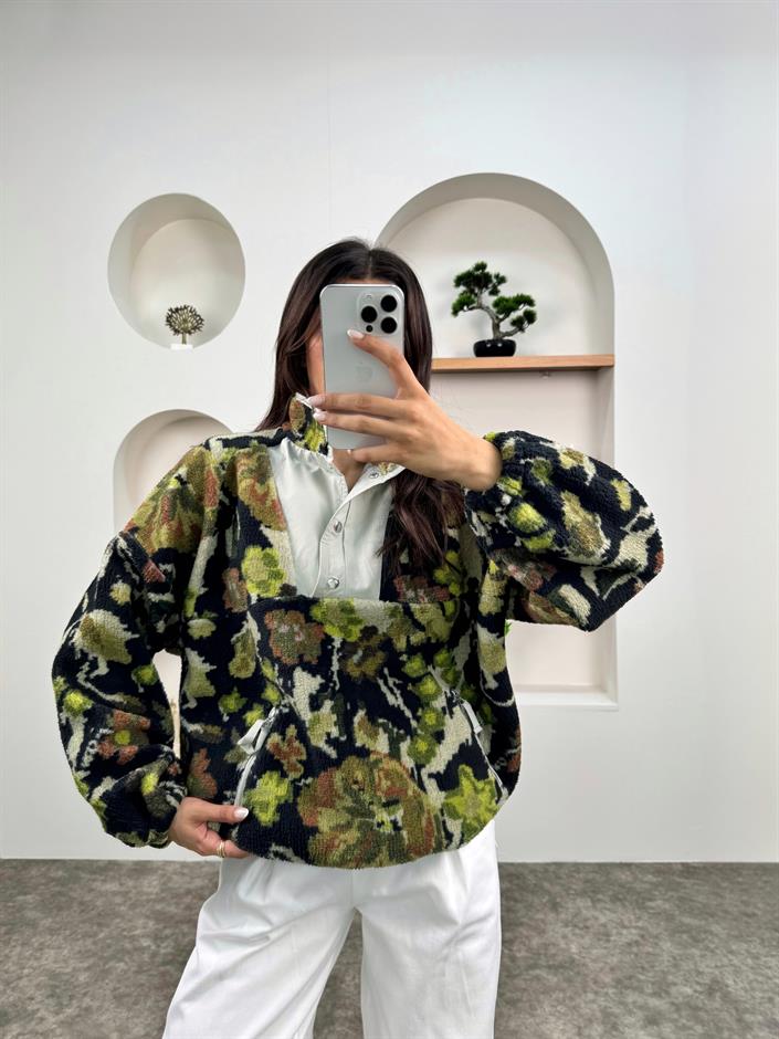 Jow Yeşil Desenli Yaka Çıtçıtlı Peluş Sweatshirt