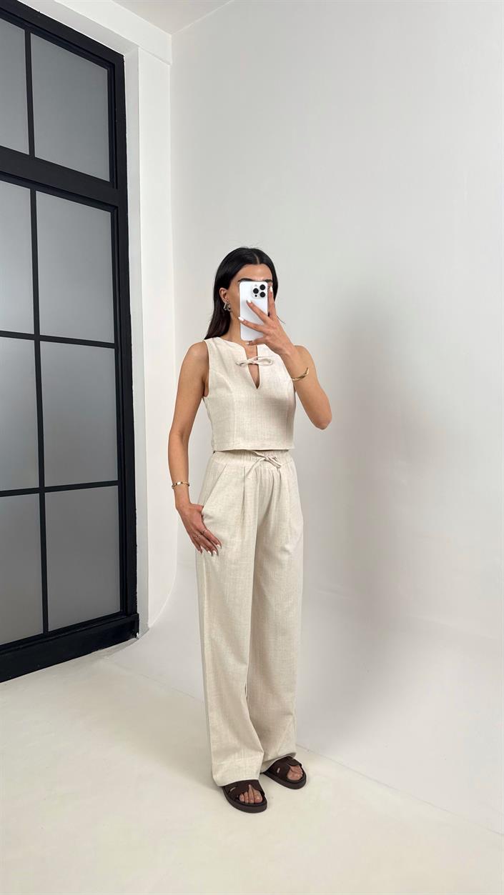 Taş Yaka Bağlama Detaylı Üst Beli Lastikli Cepli Pantolon ZR Muadil Keten Takım Gaus00398