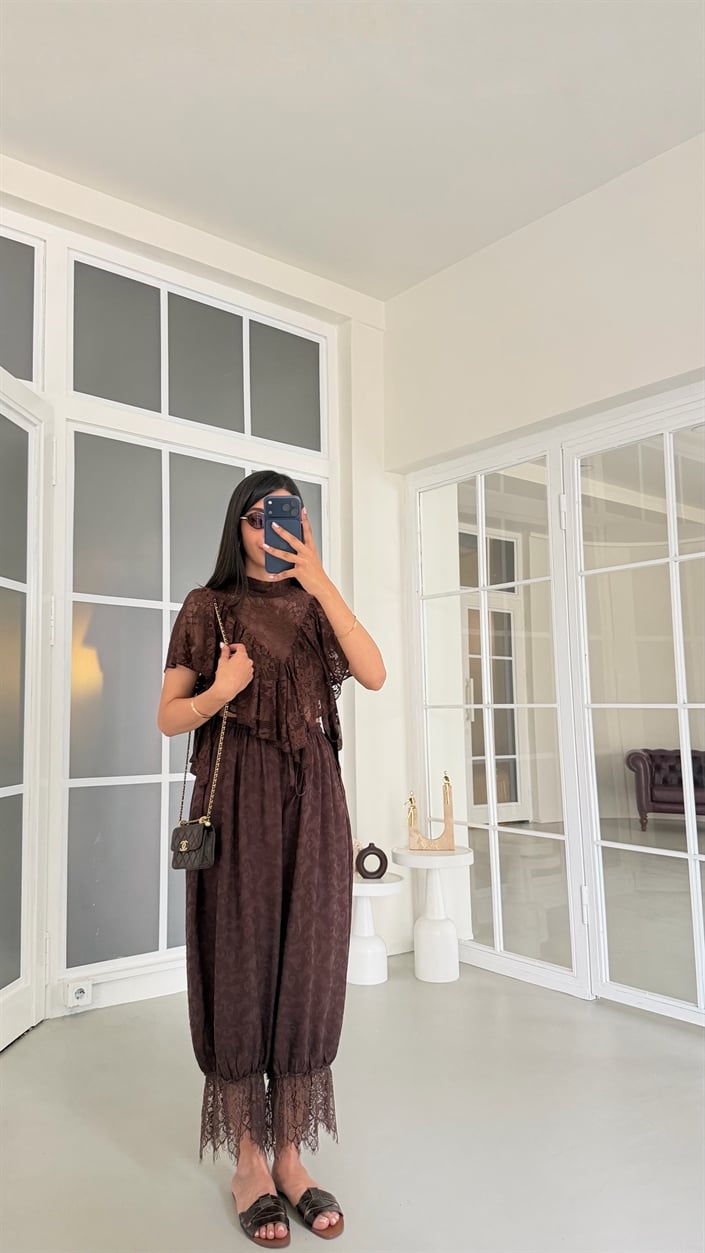 Kahve Beli Lastikli Dantel Detaylı Pinterest Şalvar GAUS-01763