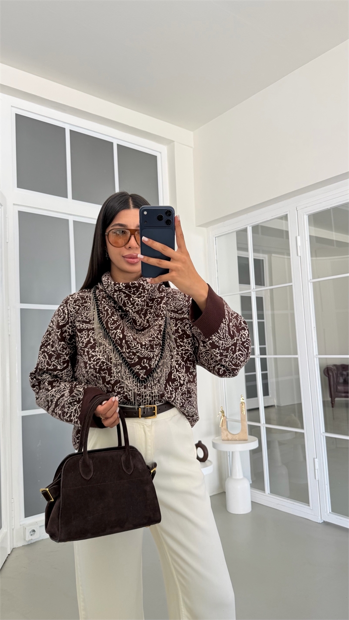 Kahve Çıkarabilir Fularlı Jakarlı Kazak GAUS-02063