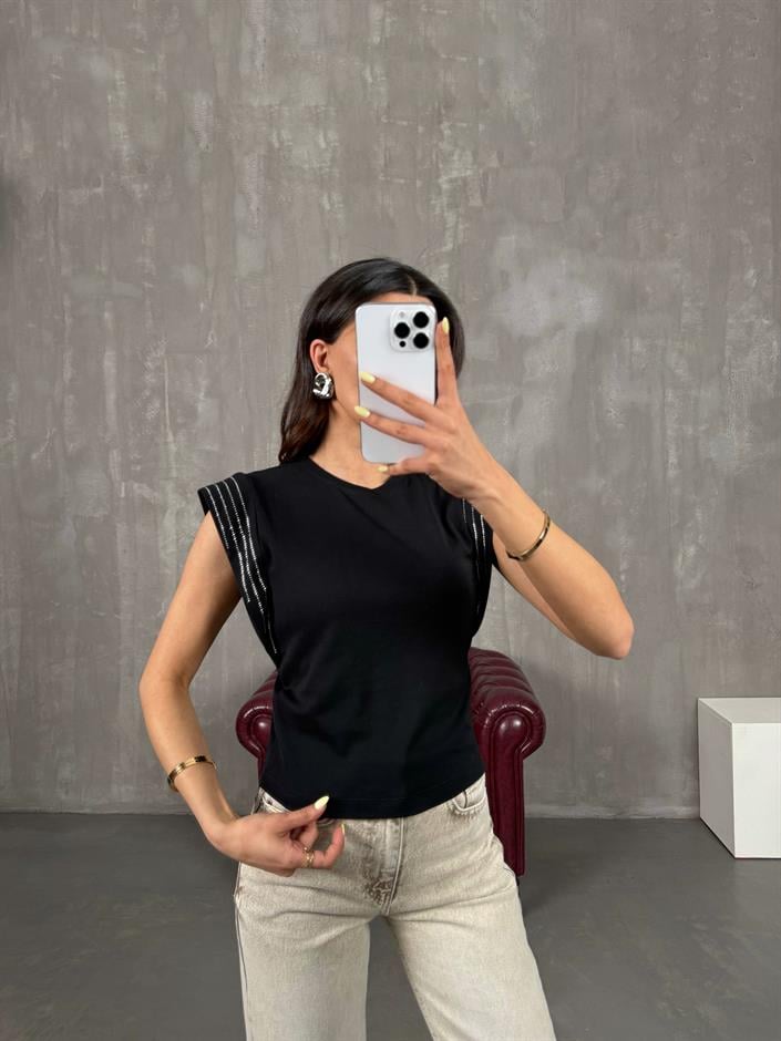 Siyah Kolu Taşlı Basic Tshirt Gaus00111