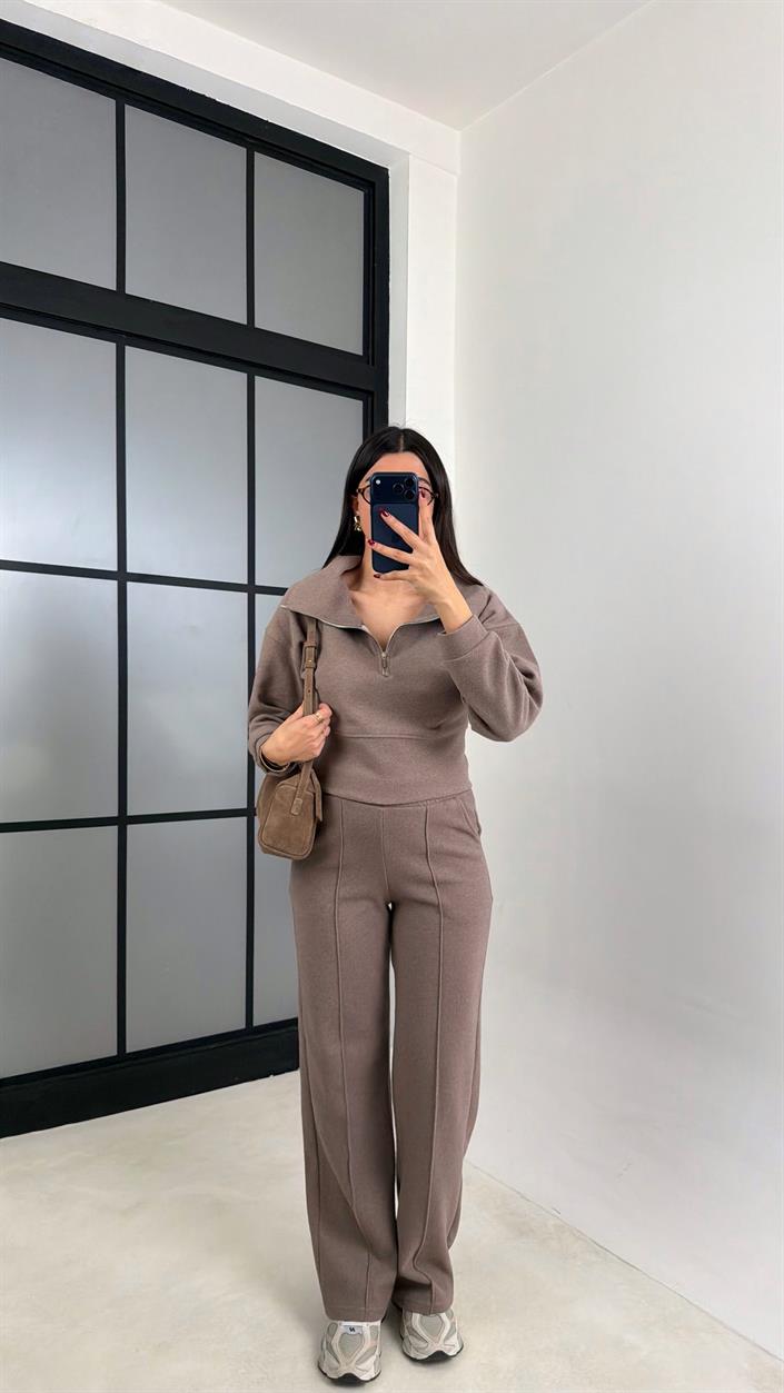 Vizon Fermuarlı Kazak Beli Lastikli Pantolon İkili Selanik Kumaş Takım GAUS-00781