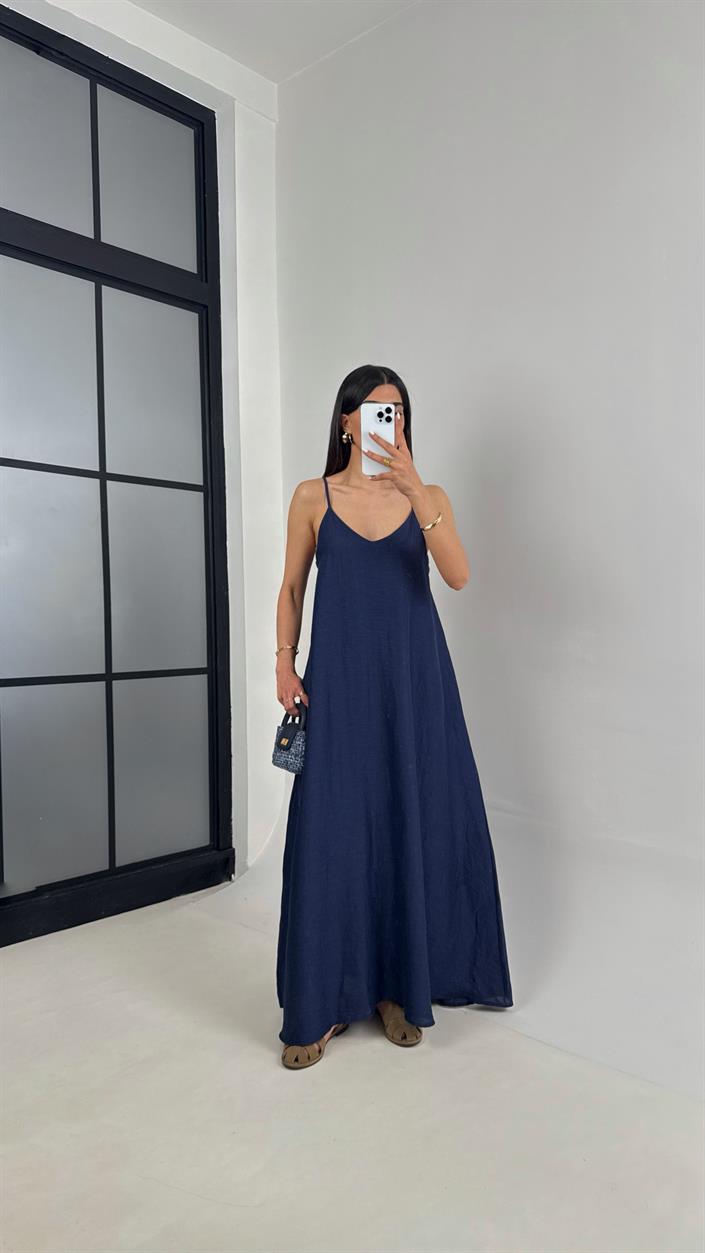 Lacivert Askılı Astarlı Cepli Tencel Elbise Gaus00449