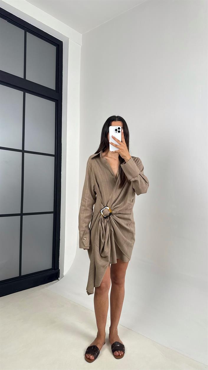 Kahve Toka Detaylı Premium Keten Elbise Gaus00689