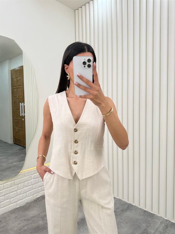 Taş Yelekli Beli Lastikli Pantolon İkili Keten Takım Gaus00276