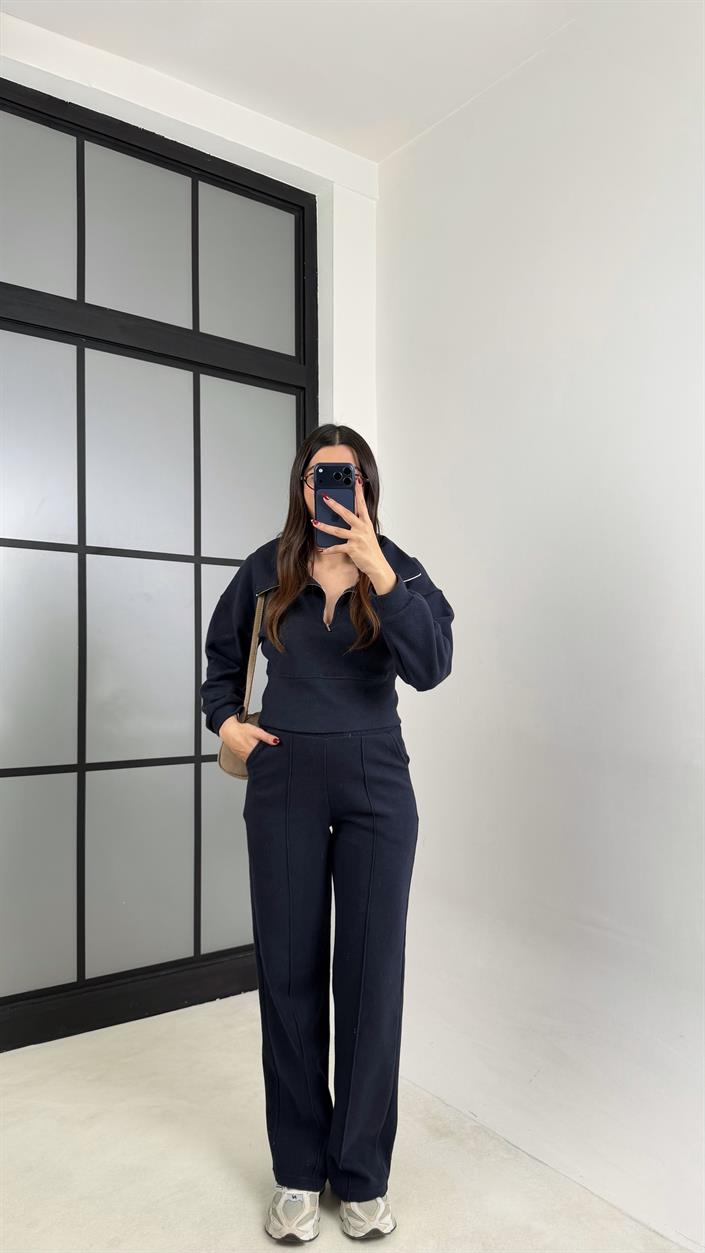 Lacivert Fermuarlı Kazak Beli Lastikli Pantolon İkili Selanik Kumaş Takım GAUS-00781