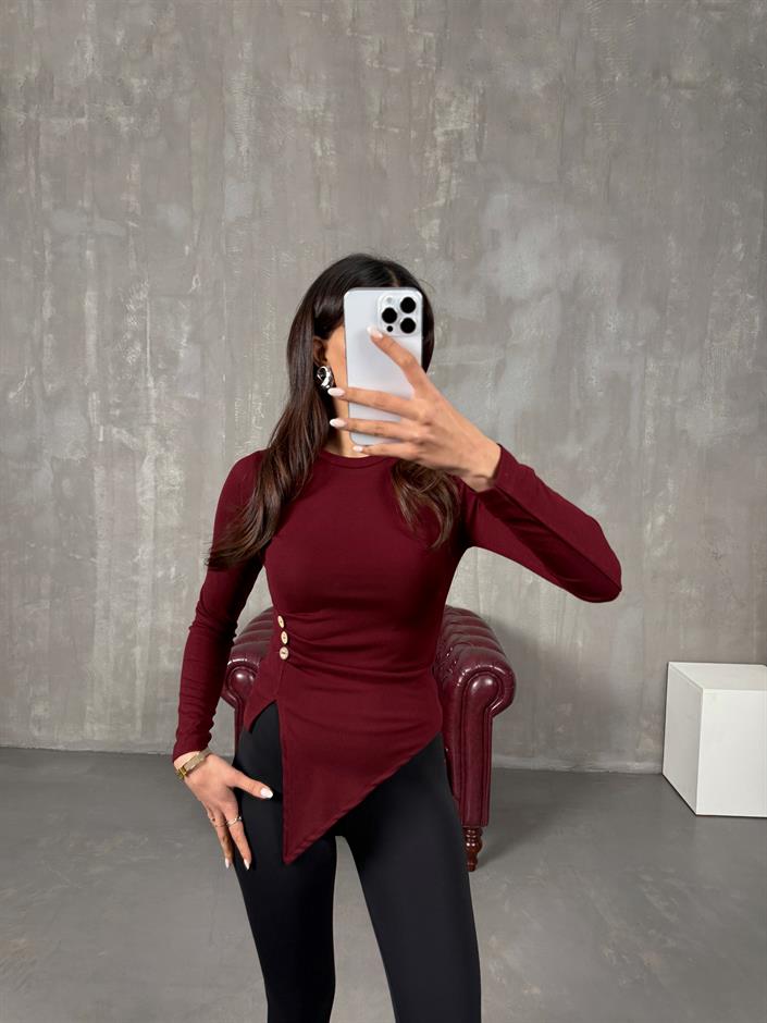 Neva Bordo Düğme Detaylı  Bluz