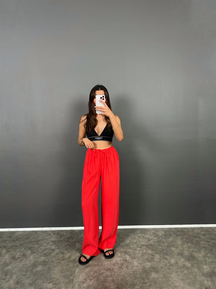 MD Nar Çiçeği Beli Lastikli Cepli  İthal Kumaş Rahat Dokuma Muadil Pantolon