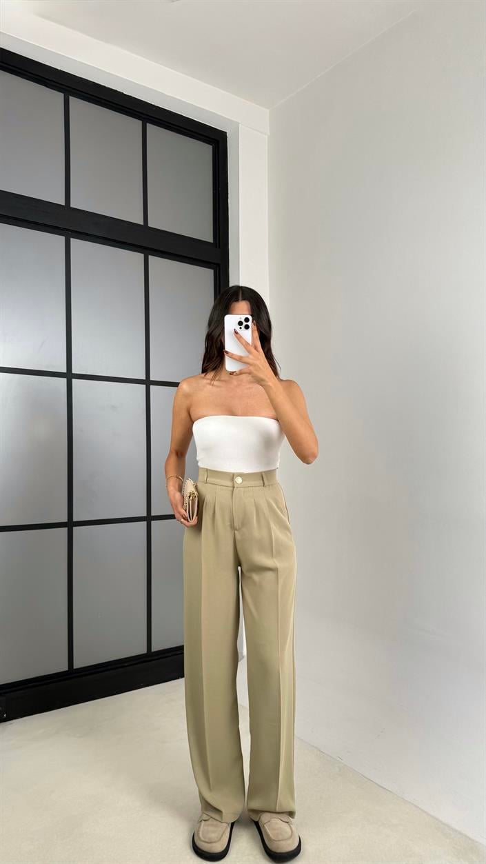 Yeşil Gold Düğmeli Beli Lastikli Premium Pantolon GAUS-00141