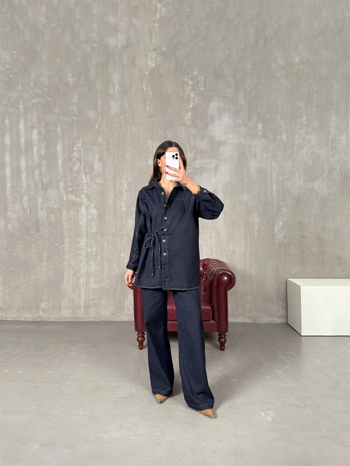 Tasira Lacivert Düğmeli Bağlamalı Tasarım Denim Takım