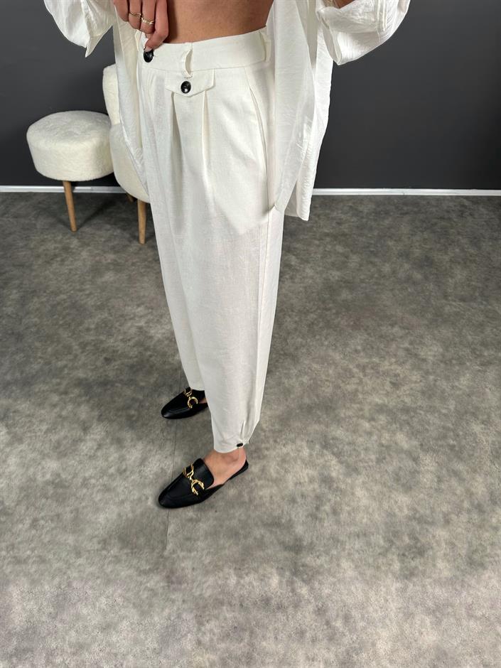 Premium Beyaz Keten Düğme Detaylı Pantolon 