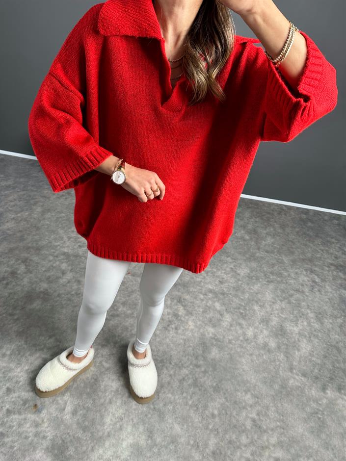 Doi Kırmızı Polo Yaka Triko Oversize Kazak