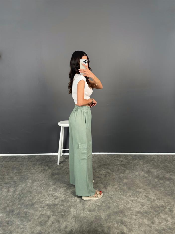 Mentha Mint Yeşili Kargo Cepli Keten Pantolon