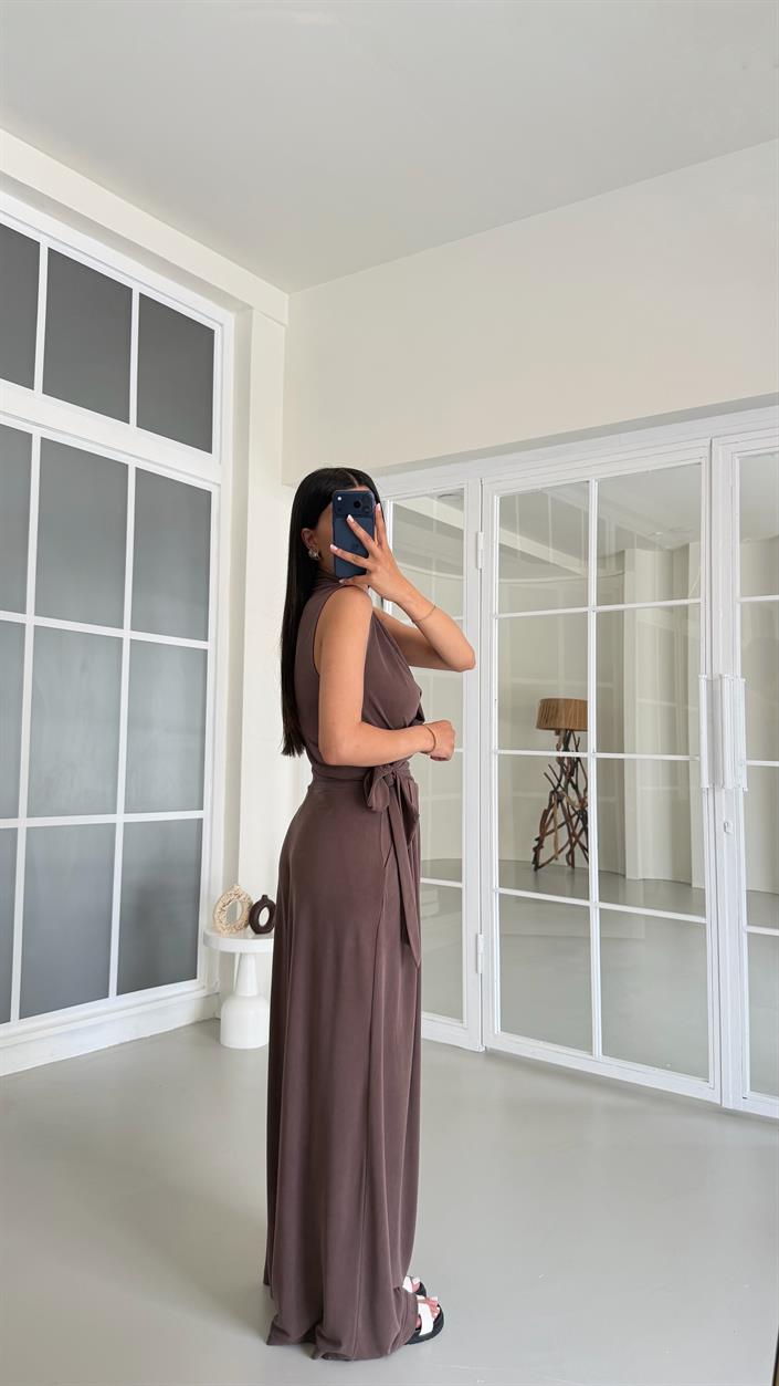 Kahve OYS Model Bağlama Detaylı Bluz Beli Lastikli Pantolon İkili Modal Takım GAUS-01662